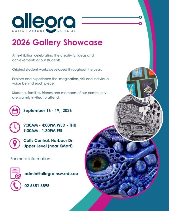 Come along to the Allegra Gallery Showcase being held at Coffs Central from September 16 -19th.
*
*
*
*
#learnyourway #allegraschool #allegraschoolCH #informyourself #transformyourlife #educationwithadifference #wemakeadifference #coffscoast #education #school #wellbeing #youth #fun #deeplearning